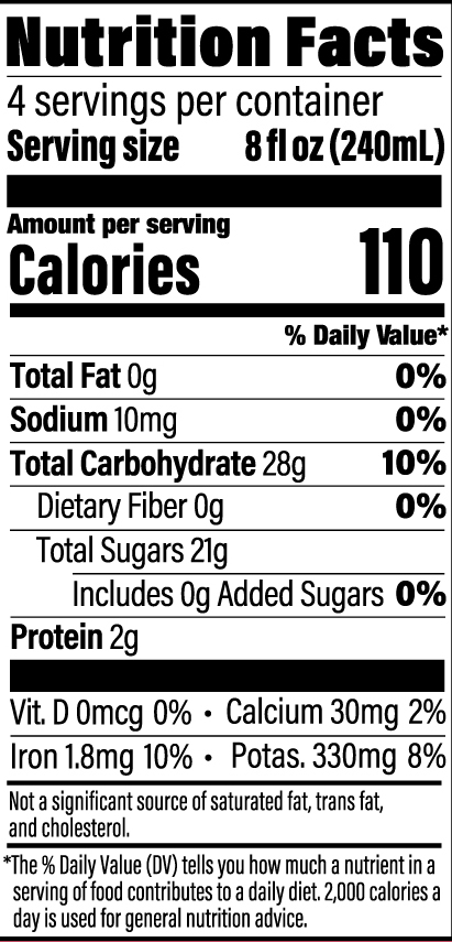 A nutrition Facts Panel for Purely Organic Tart Cherry Juice